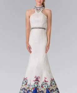 Formal Gowns Elizabeth K - GL2218 Embellished High Neck Floral Print Gown