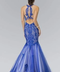 Elizabeth K - GL2219 Laced Halter Tulle Mermaid Dress Formal Gowns