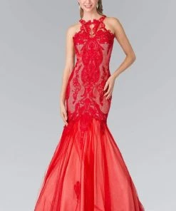 Elizabeth K - GL2219 Laced Halter Tulle Mermaid Dress Formal Gowns