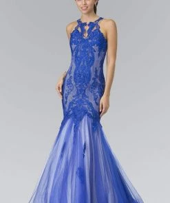 Elizabeth K - GL2219 Laced Halter Tulle Mermaid Dress Formal Gowns
