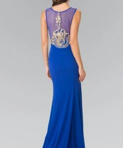 Formal Gowns Elizabeth K - GL2230 Embroidered Bateau Neck Jersey Trumpet Dress