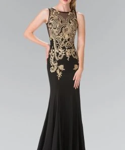 Formal Gowns Elizabeth K - GL2230 Embroidered Bateau Neck Jersey Trumpet Dress
