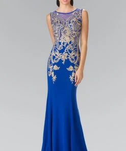 Formal Gowns Elizabeth K - GL2230 Embroidered Bateau Neck Jersey Trumpet Dress