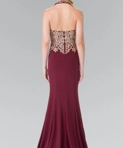 Formal Gowns Elizabeth K - GL2231 Embroidered Halter Jersey Trumpet Dress