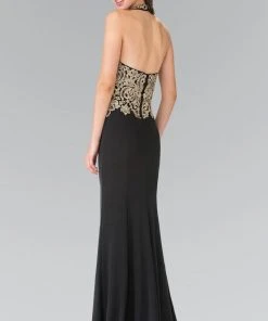 Formal Gowns Elizabeth K - GL2231 Embroidered Halter Jersey Trumpet Dress