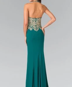 Formal Gowns Elizabeth K - GL2231 Embroidered Halter Jersey Trumpet Dress
