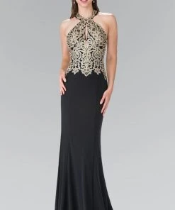 Formal Gowns Elizabeth K - GL2231 Embroidered Halter Jersey Trumpet Dress