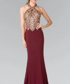Formal Gowns Elizabeth K - GL2231 Embroidered Halter Jersey Trumpet Dress