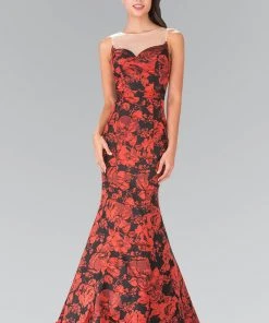 Elizabeth K - GL2246 Illusion Bateau Neckline With Floral Print Gown Formal Gowns