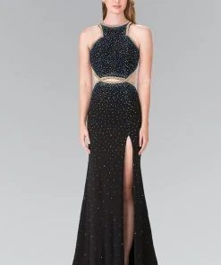Formal Gowns Elizabeth K - GL2265 Sequined Halter Long Dress With Slit