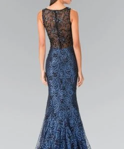 Elizabeth K - GL2268 Embellished Bateau Neck Lace Trumpet Dress