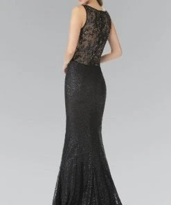 Elizabeth K - GL2268 Embellished Bateau Neck Lace Trumpet Dress