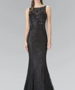 Elizabeth K - GL2268 Embellished Bateau Neck Lace Trumpet Dress