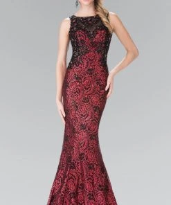 Elizabeth K - GL2268 Embellished Bateau Neck Lace Trumpet Dress
