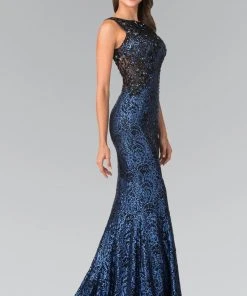 Elizabeth K - GL2268 Embellished Bateau Neck Lace Trumpet Dress