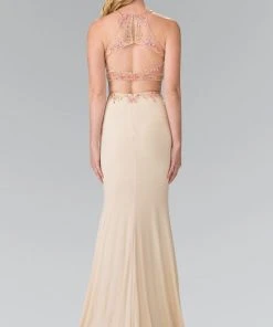 Elizabeth K - GL2277 Beaded Halter Neck Rome Jersey Trumpet Gown
