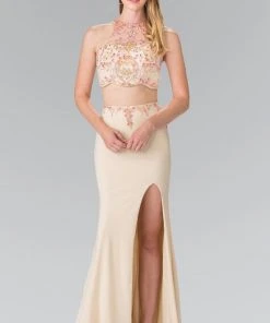 Elizabeth K - GL2277 Beaded Halter Neck Rome Jersey Trumpet Gown