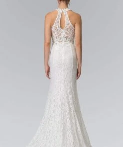 Formal Gowns Elizabeth K - GL2297 Beads Embellished High-Neck Lace Dress