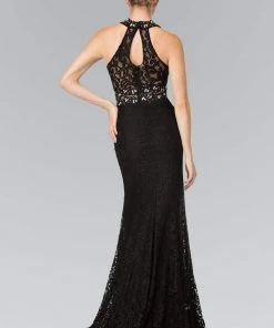 Formal Gowns Elizabeth K - GL2297 Beads Embellished High-Neck Lace Dress