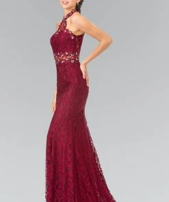 Formal Gowns Elizabeth K - GL2297 Beads Embellished High-Neck Lace Dress
