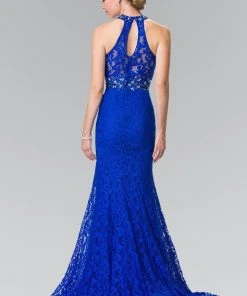 Formal Gowns Elizabeth K - GL2297 Beads Embellished High-Neck Lace Dress