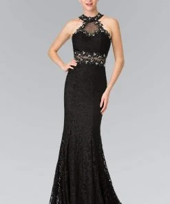 Formal Gowns Elizabeth K - GL2297 Beads Embellished High-Neck Lace Dress