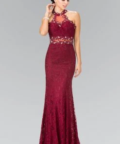 Formal Gowns Elizabeth K - GL2297 Beads Embellished High-Neck Lace Dress