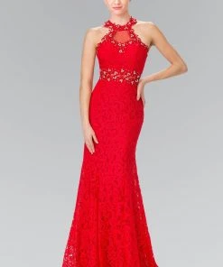 Formal Gowns Elizabeth K - GL2297 Beads Embellished High-Neck Lace Dress