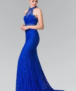 Formal Gowns Elizabeth K - GL2297 Beads Embellished High-Neck Lace Dress