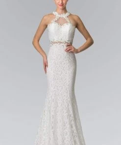 Formal Gowns Elizabeth K - GL2297 Beads Embellished High-Neck Lace Dress
