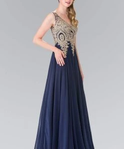 Elizabeth K - GL2311 Intricate Lace V-Neck A-Line Gown - 1 Pc Navy In Size L Available 9 Elizabeth K - GL2311 Intricate Lace V-Neck A-Line Gown - 1 Pc Navy In Size L Available
