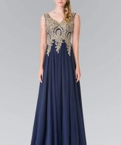 Elizabeth K - GL2311 Intricate Lace V-Neck A-Line Gown - 1 Pc Navy In Size L Available 8 Elizabeth K - GL2311 Intricate Lace V-Neck A-Line Gown - 1 Pc Navy In Size L Available