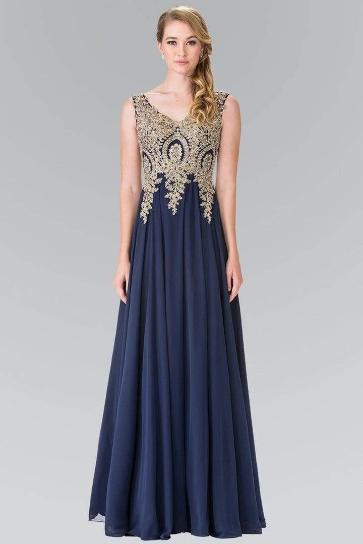 Elizabeth K - GL2311 Intricate Lace V-Neck A-Line Gown - 1 Pc Navy In Size L Available 5 Elizabeth K - GL2311 Intricate Lace V-Neck A-Line Gown - 1 Pc Navy In Size L Available