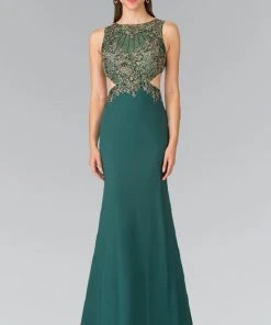 Plus Size Dresses Elizabeth K - GL2324 Jewel Long Dress With Side Cut Outs