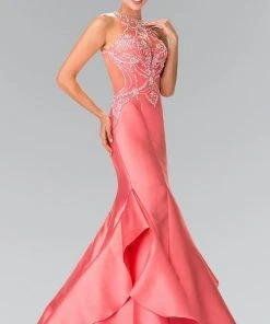 Elizabeth K - GL2357 Beaded Halter Ruffled Mermaid Gown Formal Gowns