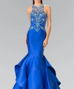 Elizabeth K - GL2357 Beaded Halter Ruffled Mermaid Gown Formal Gowns