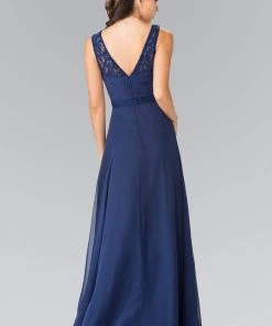 Elizabeth K - GL2363 Lace Embellished Pleated V-Neck Dress 24 Elizabeth K - GL2363 Lace Embellished Pleated V-Neck Dress