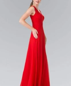 Elizabeth K - GL2363 Lace Embellished Pleated V-Neck Dress 26 Elizabeth K - GL2363 Lace Embellished Pleated V-Neck Dress