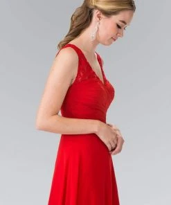 Elizabeth K - GL2363 Lace Embellished Pleated V-Neck Dress 27 Elizabeth K - GL2363 Lace Embellished Pleated V-Neck Dress