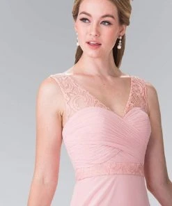 Elizabeth K - GL2363 Lace Embellished Pleated V-Neck Dress 16 Elizabeth K - GL2363 Lace Embellished Pleated V-Neck Dress