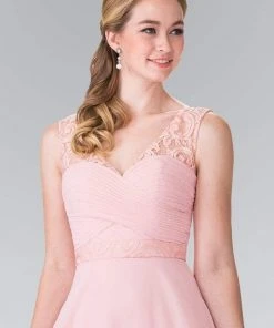 Elizabeth K - GL2363 Lace Embellished Pleated V-Neck Dress 17 Elizabeth K - GL2363 Lace Embellished Pleated V-Neck Dress