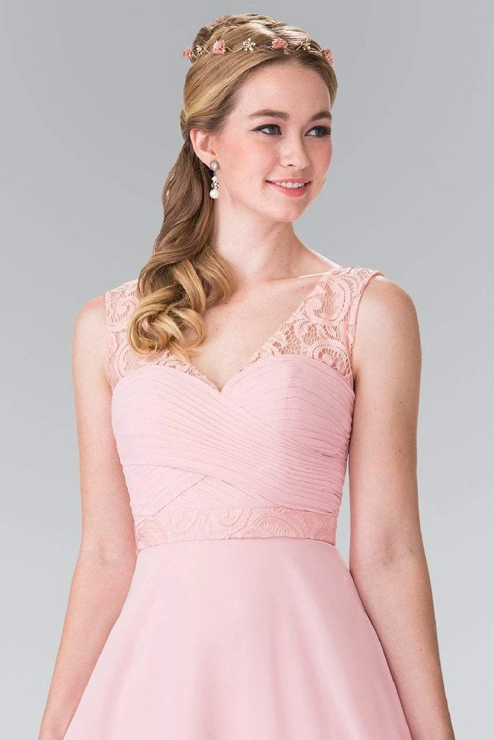 Elizabeth K - GL2363 Lace Embellished Pleated V-Neck Dress 5 Elizabeth K - GL2363 Lace Embellished Pleated V-Neck Dress