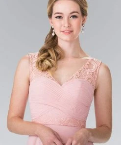 Elizabeth K - GL2363 Lace Embellished Pleated V-Neck Dress 18 Elizabeth K - GL2363 Lace Embellished Pleated V-Neck Dress