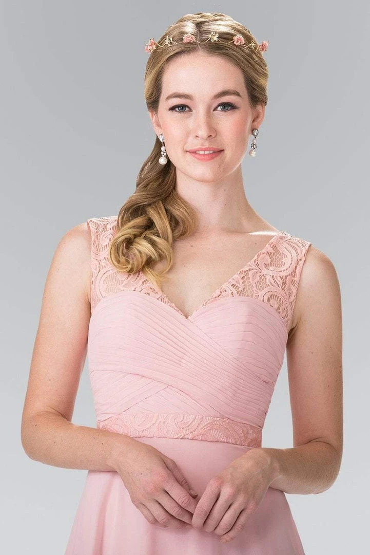 Elizabeth K - GL2363 Lace Embellished Pleated V-Neck Dress 6 Elizabeth K - GL2363 Lace Embellished Pleated V-Neck Dress