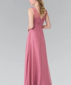 Elizabeth K - GL2363 Lace Embellished Pleated V-Neck Dress 22 Elizabeth K - GL2363 Lace Embellished Pleated V-Neck Dress