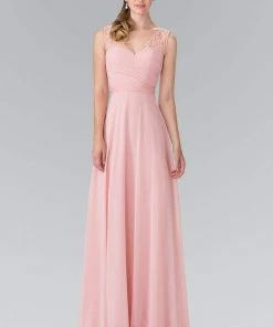 Elizabeth K - GL2363 Lace Embellished Pleated V-Neck Dress