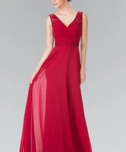 Elizabeth K - GL2363 Lace Embellished Pleated V-Neck Dress 20 Elizabeth K - GL2363 Lace Embellished Pleated V-Neck Dress