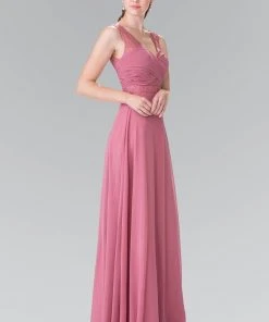 Elizabeth K - GL2363 Lace Embellished Pleated V-Neck Dress 21 Elizabeth K - GL2363 Lace Embellished Pleated V-Neck Dress