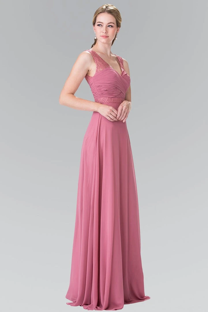 Elizabeth K - GL2363 Lace Embellished Pleated V-Neck Dress 9 Elizabeth K - GL2363 Lace Embellished Pleated V-Neck Dress