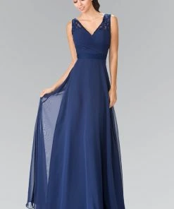 Elizabeth K - GL2363 Lace Embellished Pleated V-Neck Dress 23 Elizabeth K - GL2363 Lace Embellished Pleated V-Neck Dress